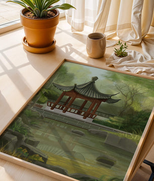 Tranquil Asian garden scene with traditional pagoda and serene pond