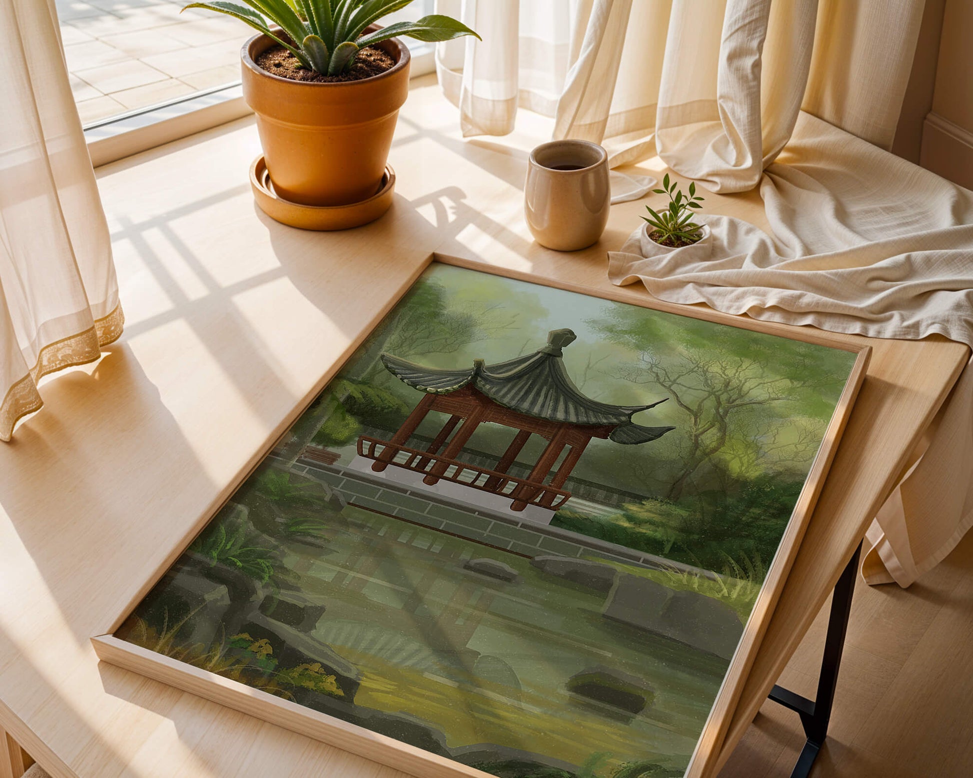 Tranquil Asian garden scene with traditional pagoda and serene pond