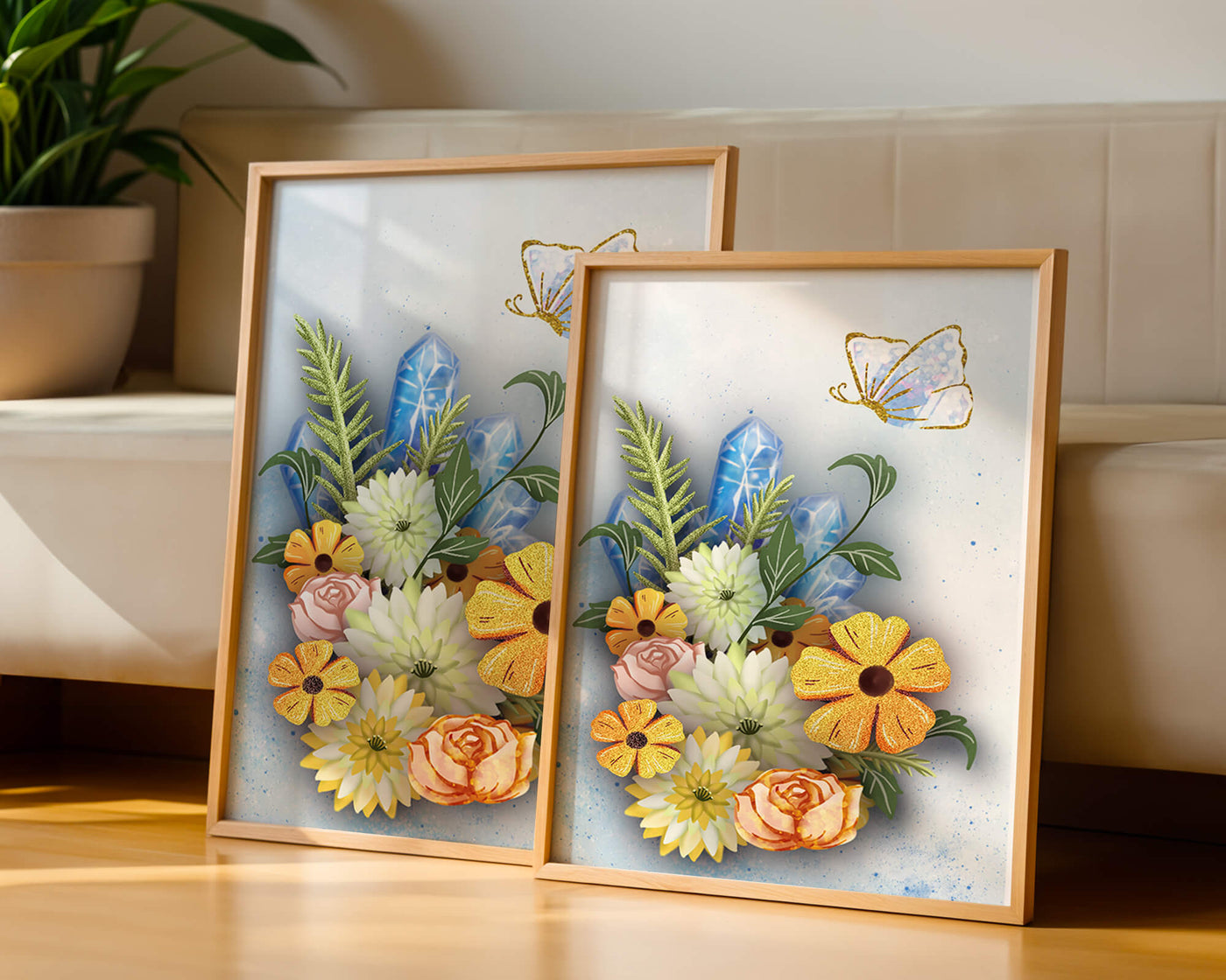 Floral and crystal arrangement with golden butterfly