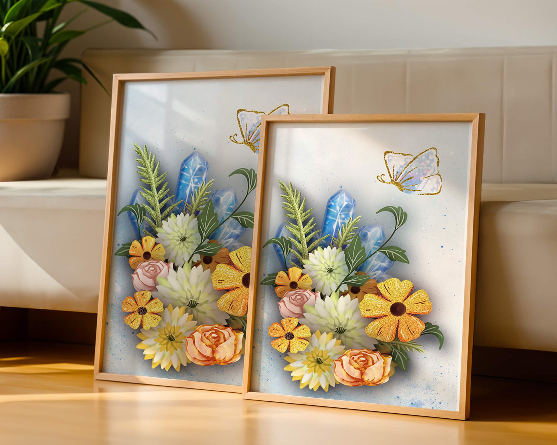 Floral and crystal arrangement with golden butterfly