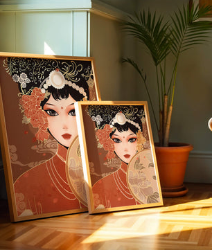 Elegante retrato de una mujer asiática con atuendo tradicional y elementos florales