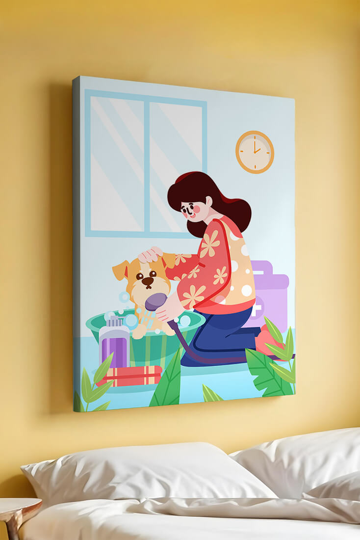 Woman giving a bath to a dog in a colorful bathroom setting