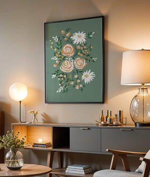 Floral illustration with roses and daisies on green background