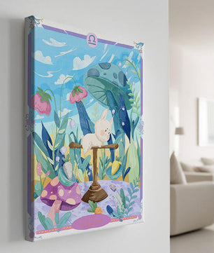 Skurrile Waage-Sternzeichen-Illustration mit Fantasy-Wald-Elementen