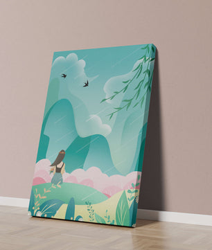 Peaceful landscape with a girl and nature elements