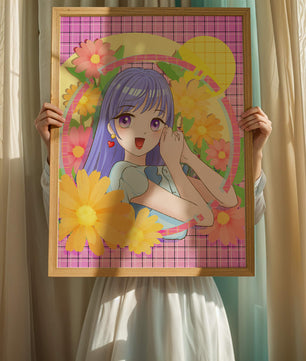 Anime-Mädchen mit leuchtenden Blumen und lila Haaren auf buntem Hintergrund