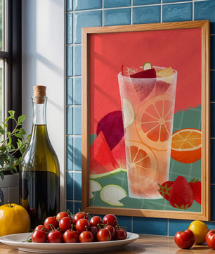 Ilustración de cóctel de frutas refrescante con cítricos y sandía