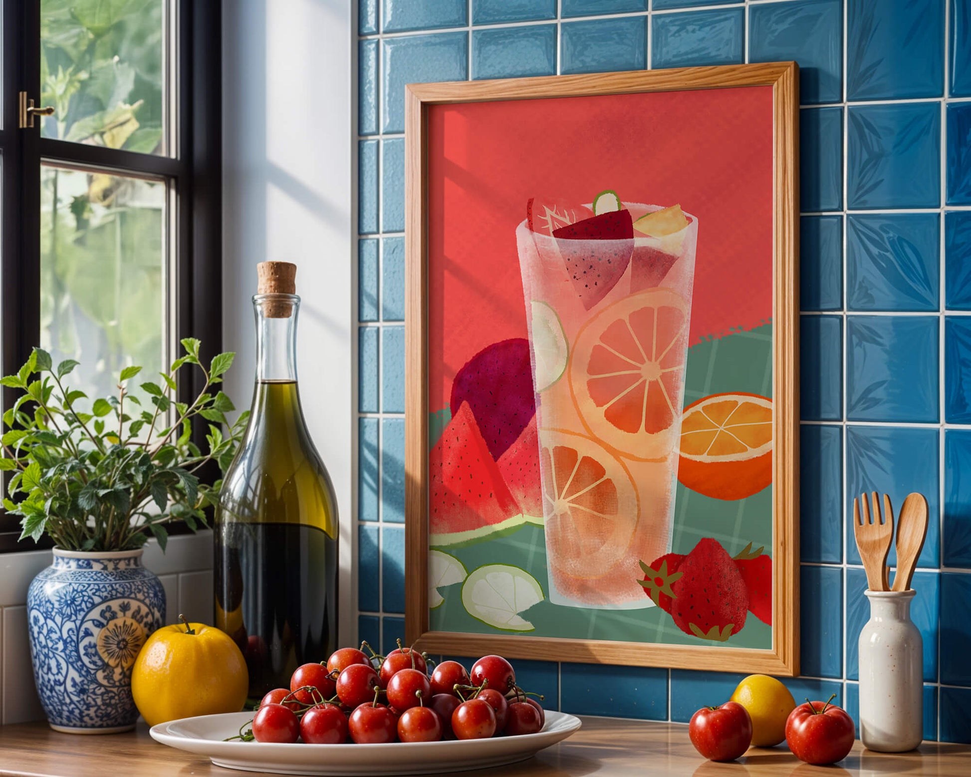 Ilustración de cóctel de frutas refrescante con cítricos y sandía.