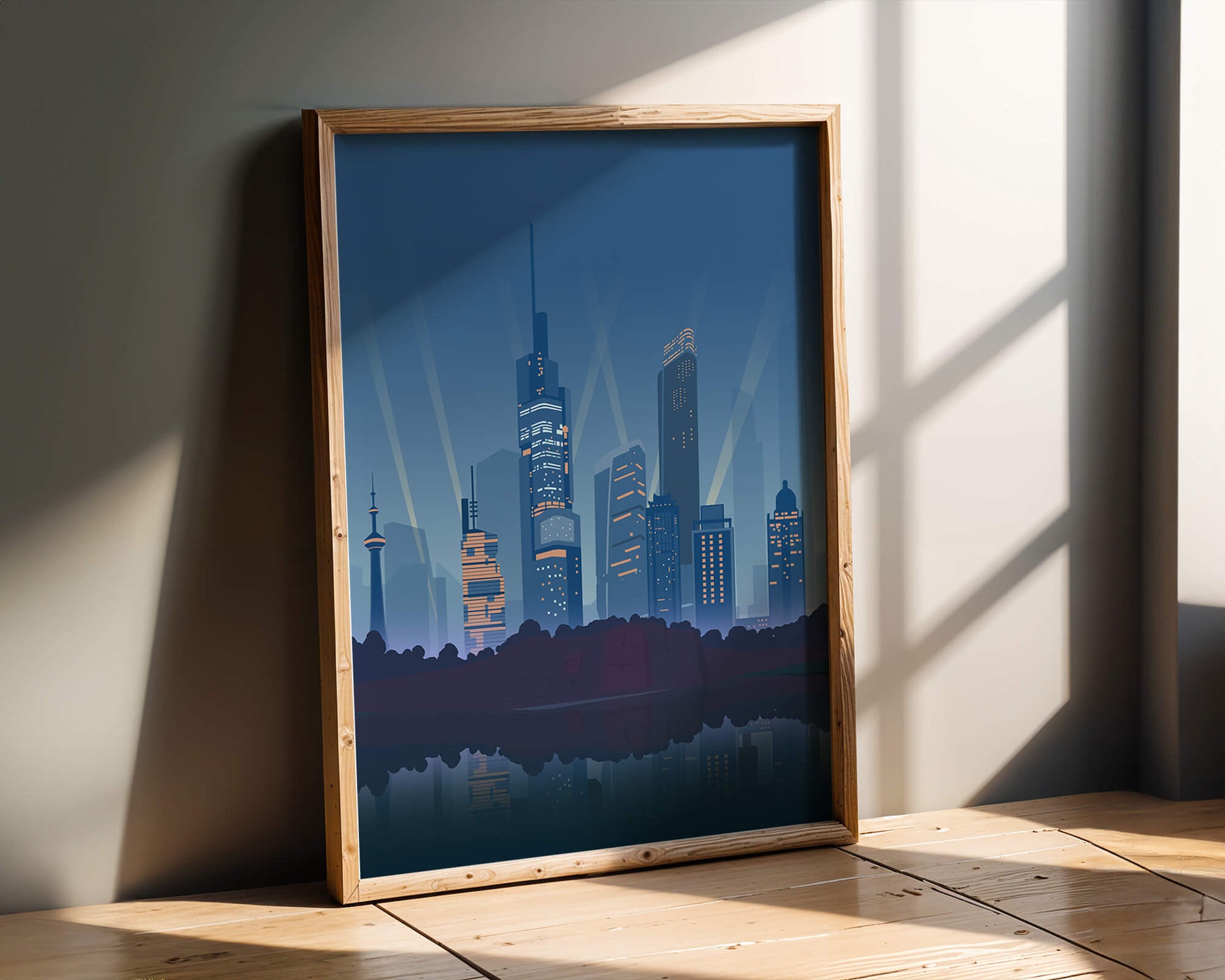Modern cityscape with illuminated skyscrapers reflecting on water