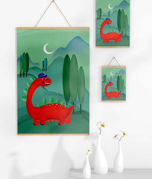 Whimsical red dinosaur in a serene nighttime forest