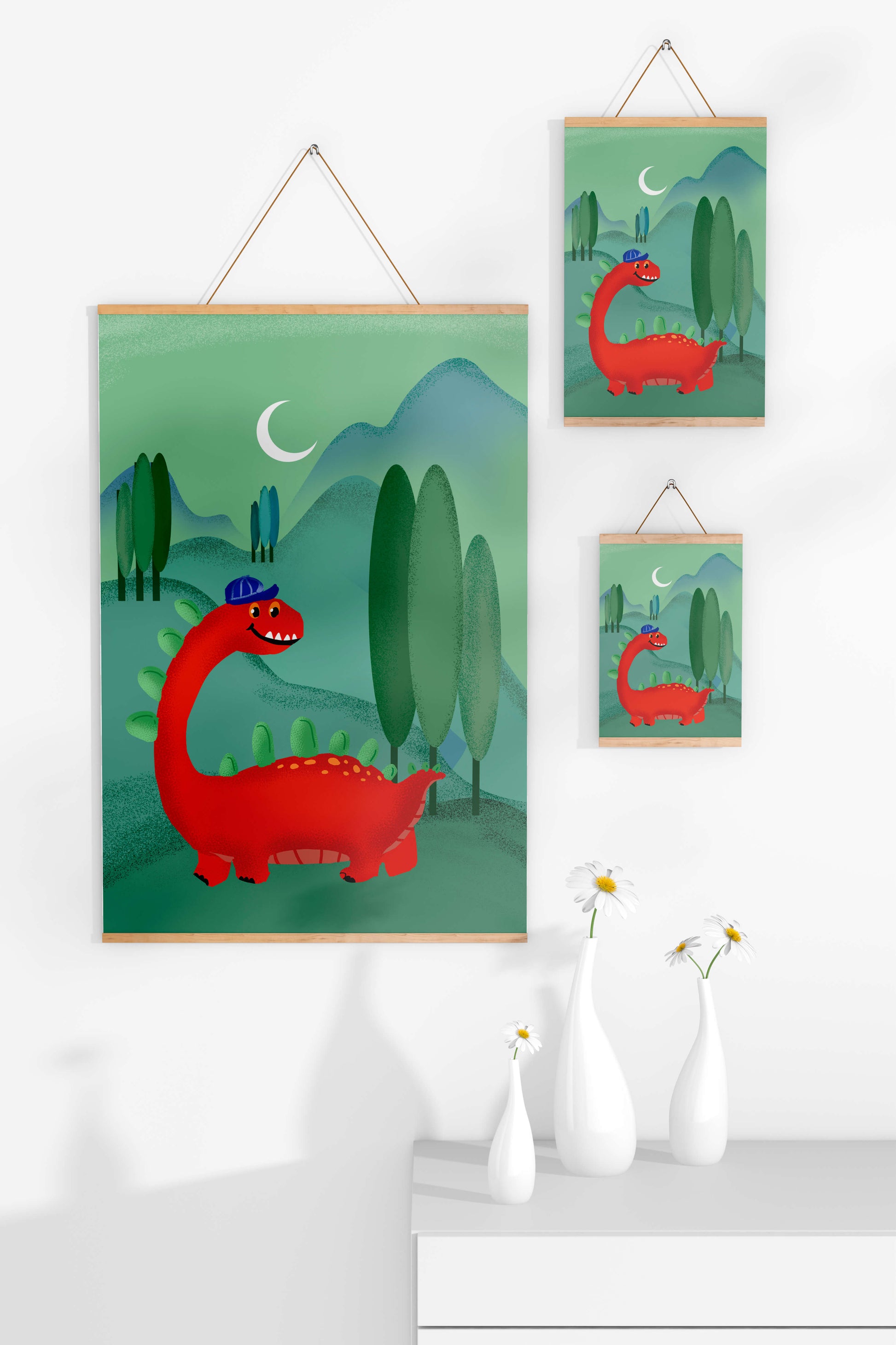 Whimsical red dinosaur in a serene nighttime forest