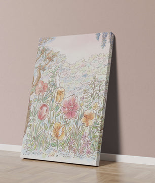 Charming Garden with Bunnies and Blossoming Trees