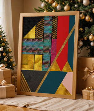 Geometric abstract design with vibrant colors and gold accents