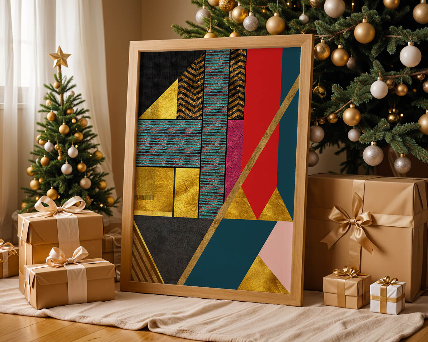 Geometric abstract design with vibrant colors and gold accents