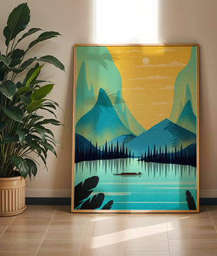 Serene lake landscape with mountains and sunset
