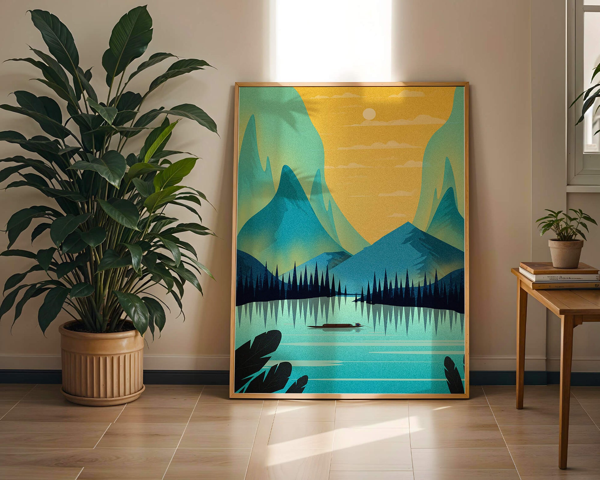 Serene lake landscape with mountains and sunset