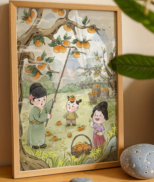 Illustration of children harvesting persimmons in a traditional setting