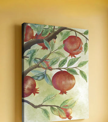 Watercolor illustration of pomegranates on a branch with leaves