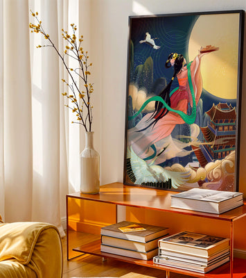 Oriental Fantasy Scene with Woman Offering Gift to the Moon