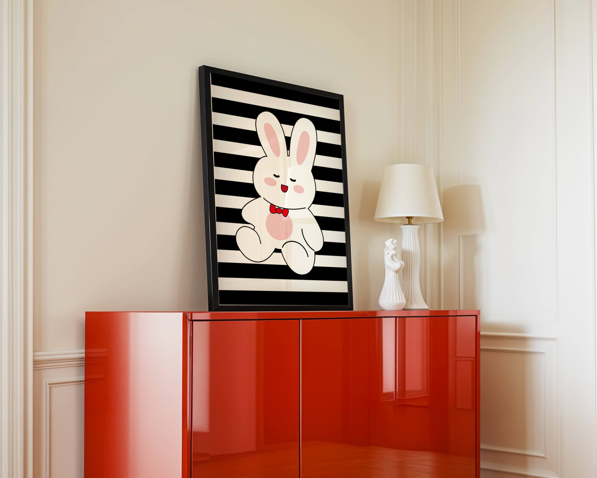 Adorable cartoon bunny with bold stripes and a red bow tie