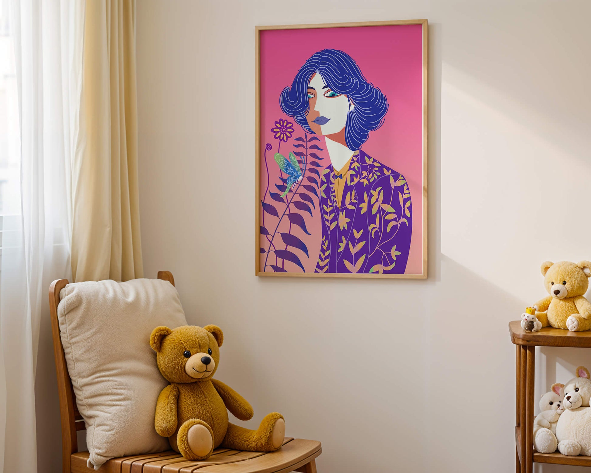 Stylized Portrait of a Woman with Blue Hair and Botanical Pattern