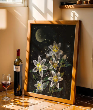 Floral Night Scene with Luminous Flowers and Golden Moon