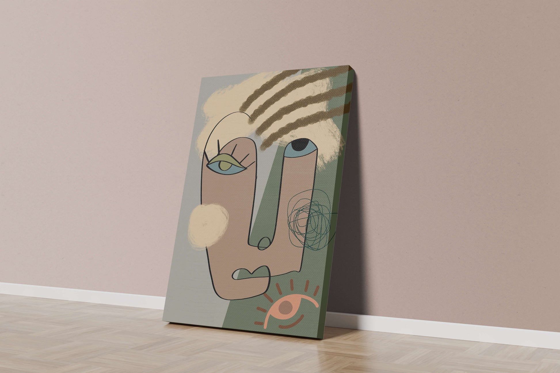 Retrato abstracto con formas geométricas y tonos terrosos.