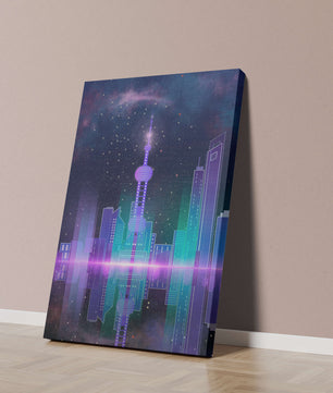 Futuristische Skyline mit leuchtenden Türmen unter sternenklarer Nacht