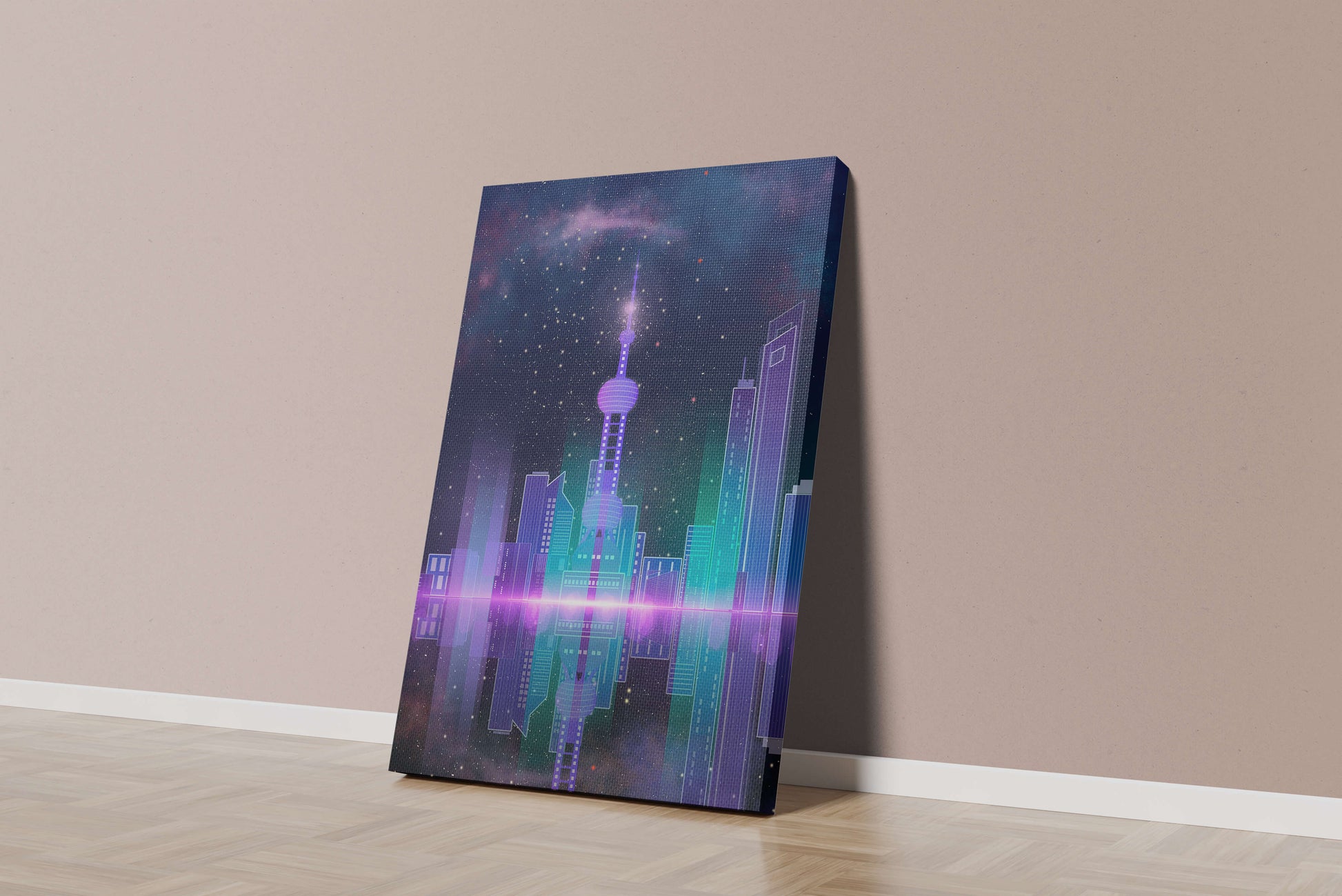 Futuristische Skyline mit leuchtenden Türmen unter sternenklarer Nacht