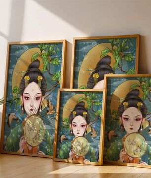 Elegante representación de una mujer con atuendo tradicional sosteniendo un abanico decorativo