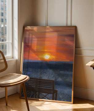 Serene Sunset Overlooking the Ocean with a Wooden Bench