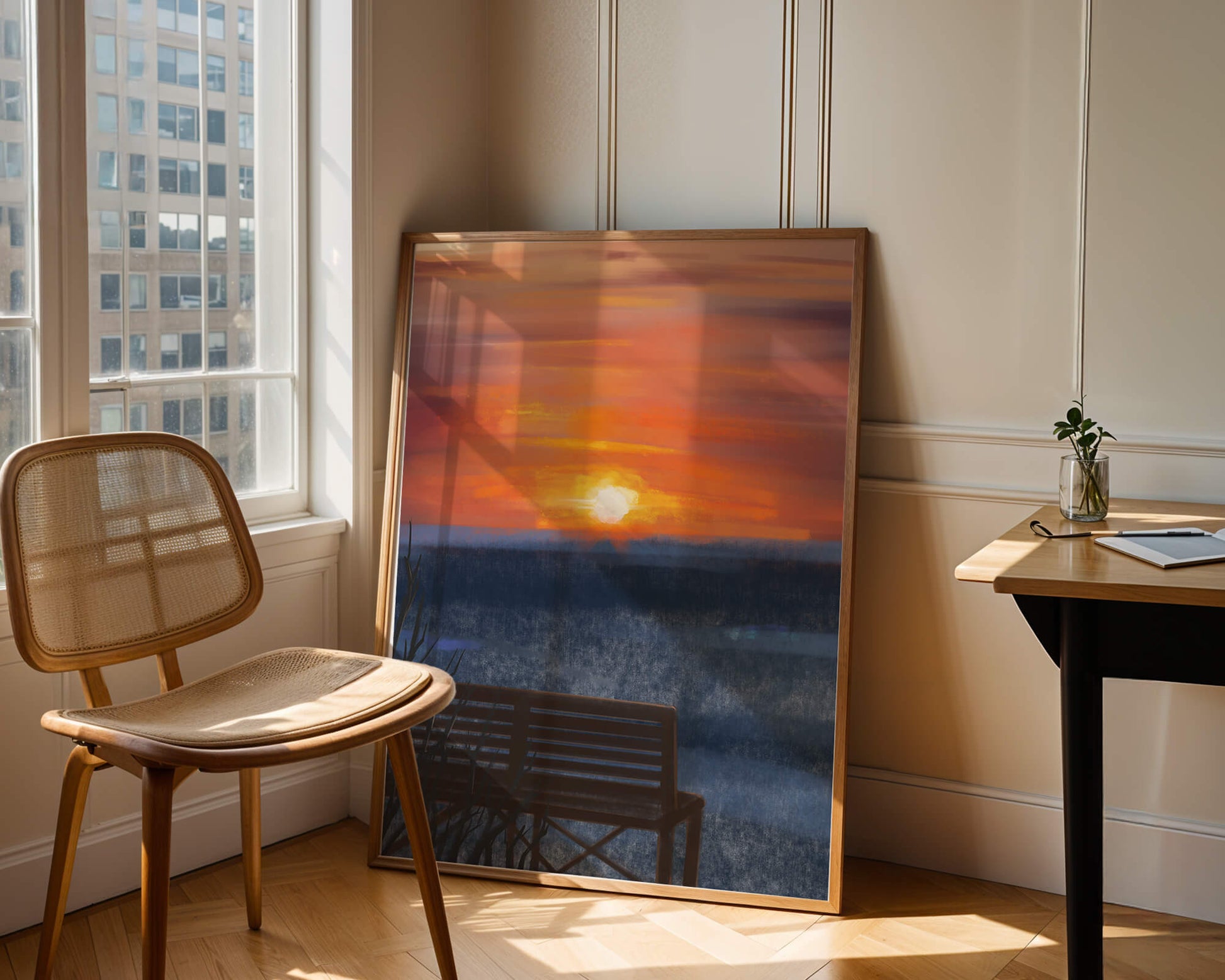 Serene Sunset Overlooking the Ocean with a Wooden Bench