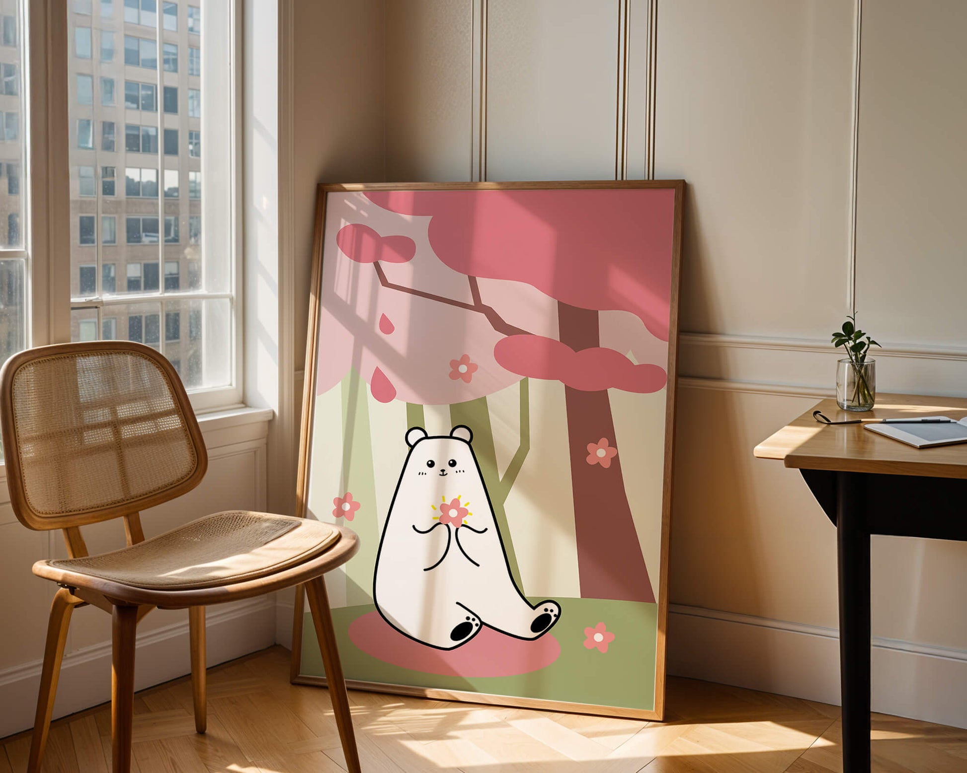 Charming bear holding flower under cherry blossom tree