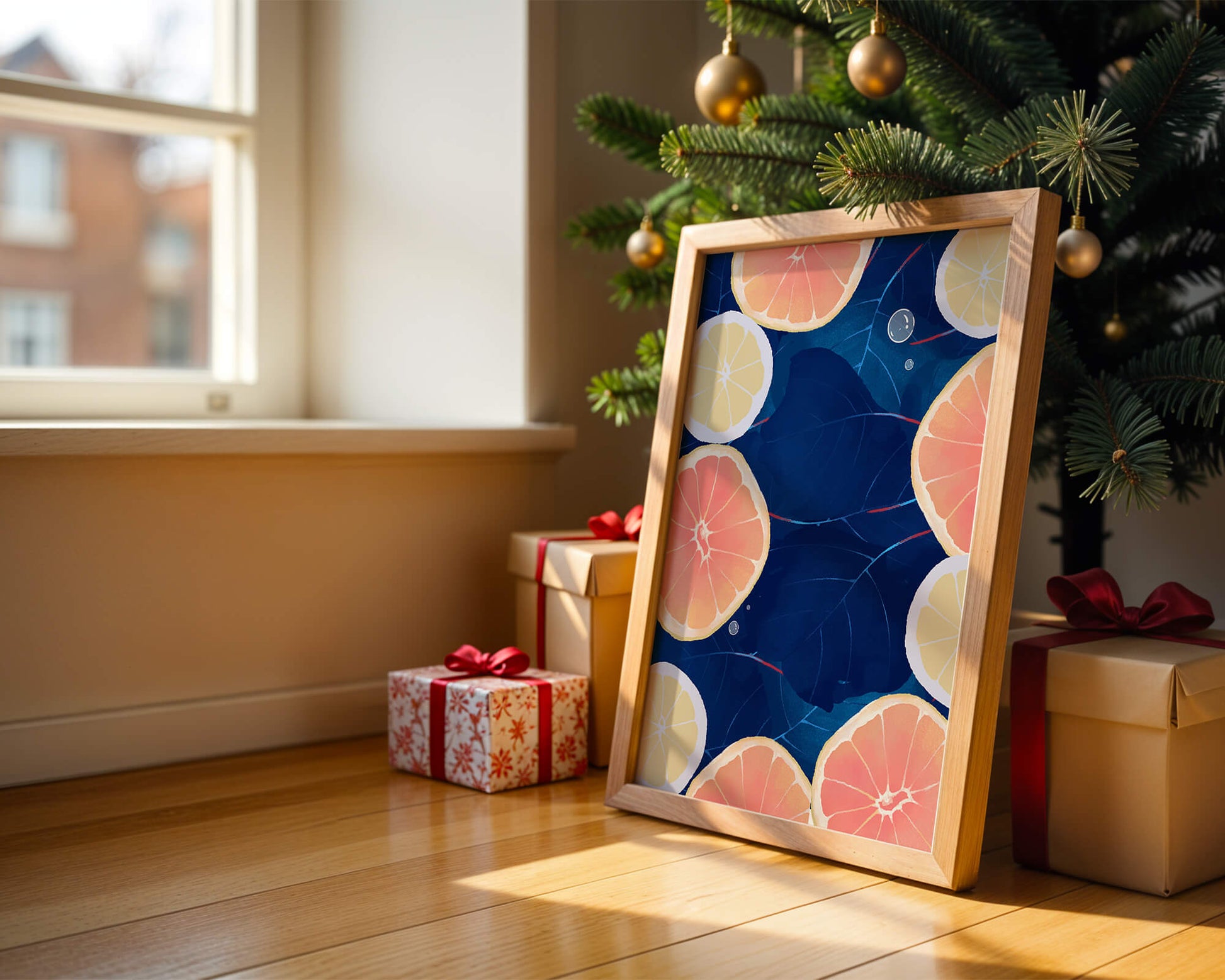 Frutas cítricas coloridas sobre fondo oscuro de hojas