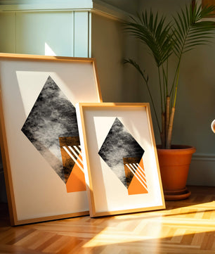 Abstract Geometric Composition with Orange Triangle and Cloudy Pattern - Mi tienda