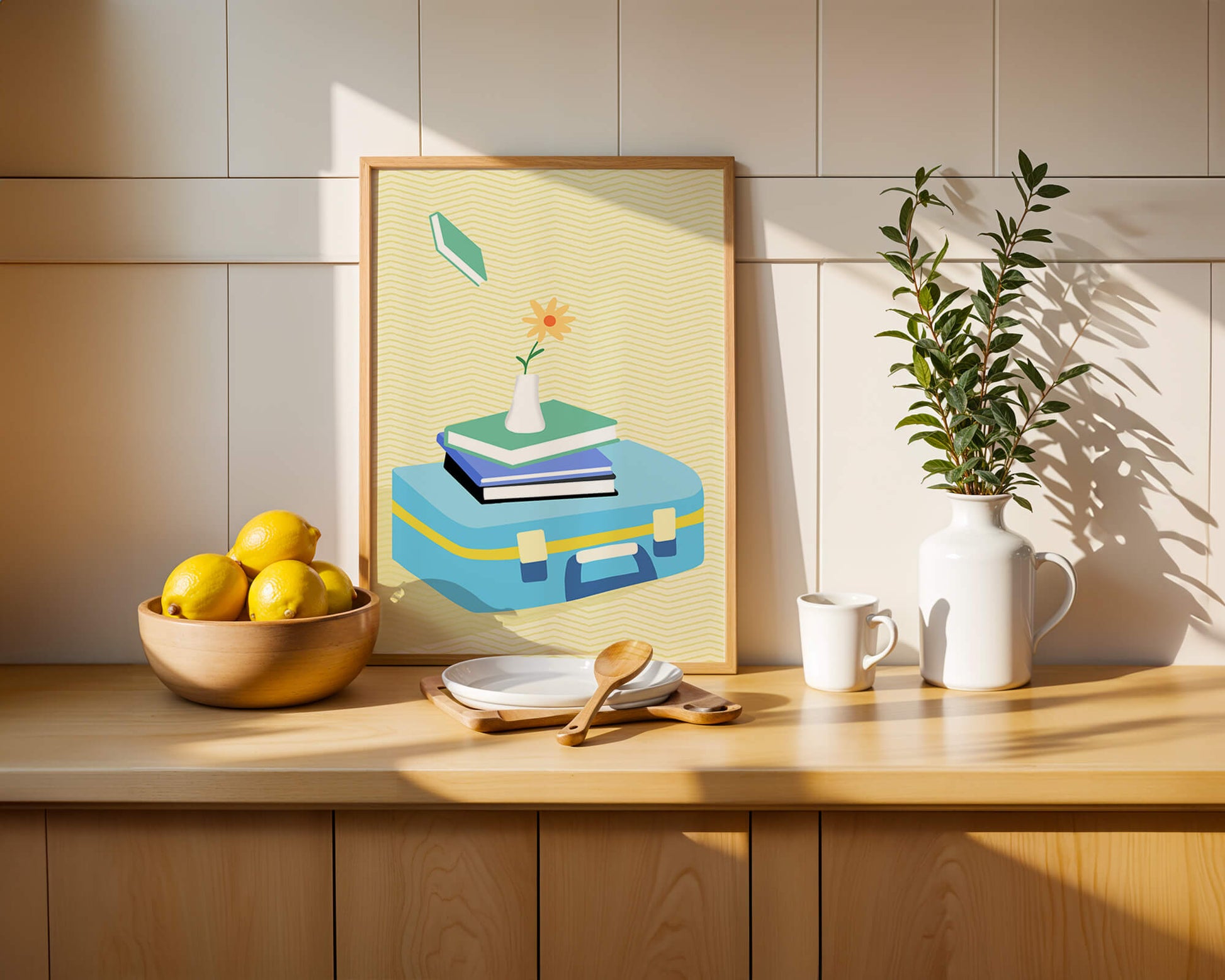 Colorful still life with books, flower vase, and suitcase
