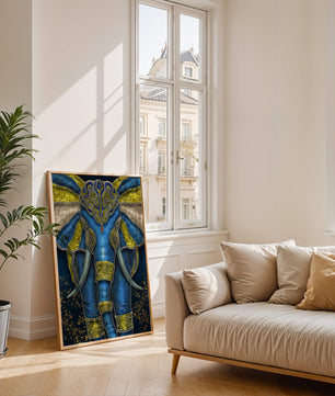 Blue and gold ornate elephant with intricate patterns