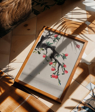 Asian ink painting featuring cherry blossoms on a textured background