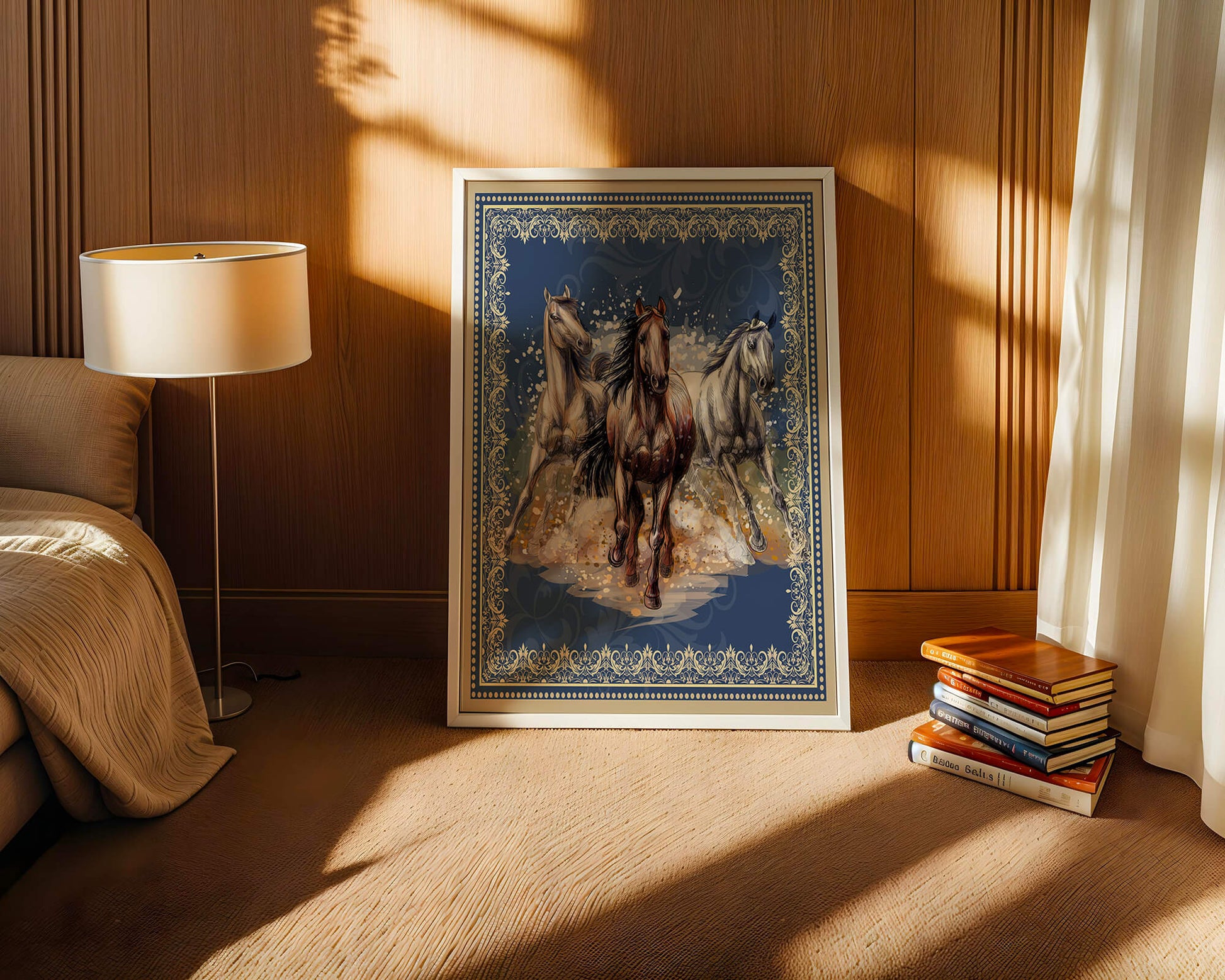 Running horses framed with elegant golden border on a blue background
