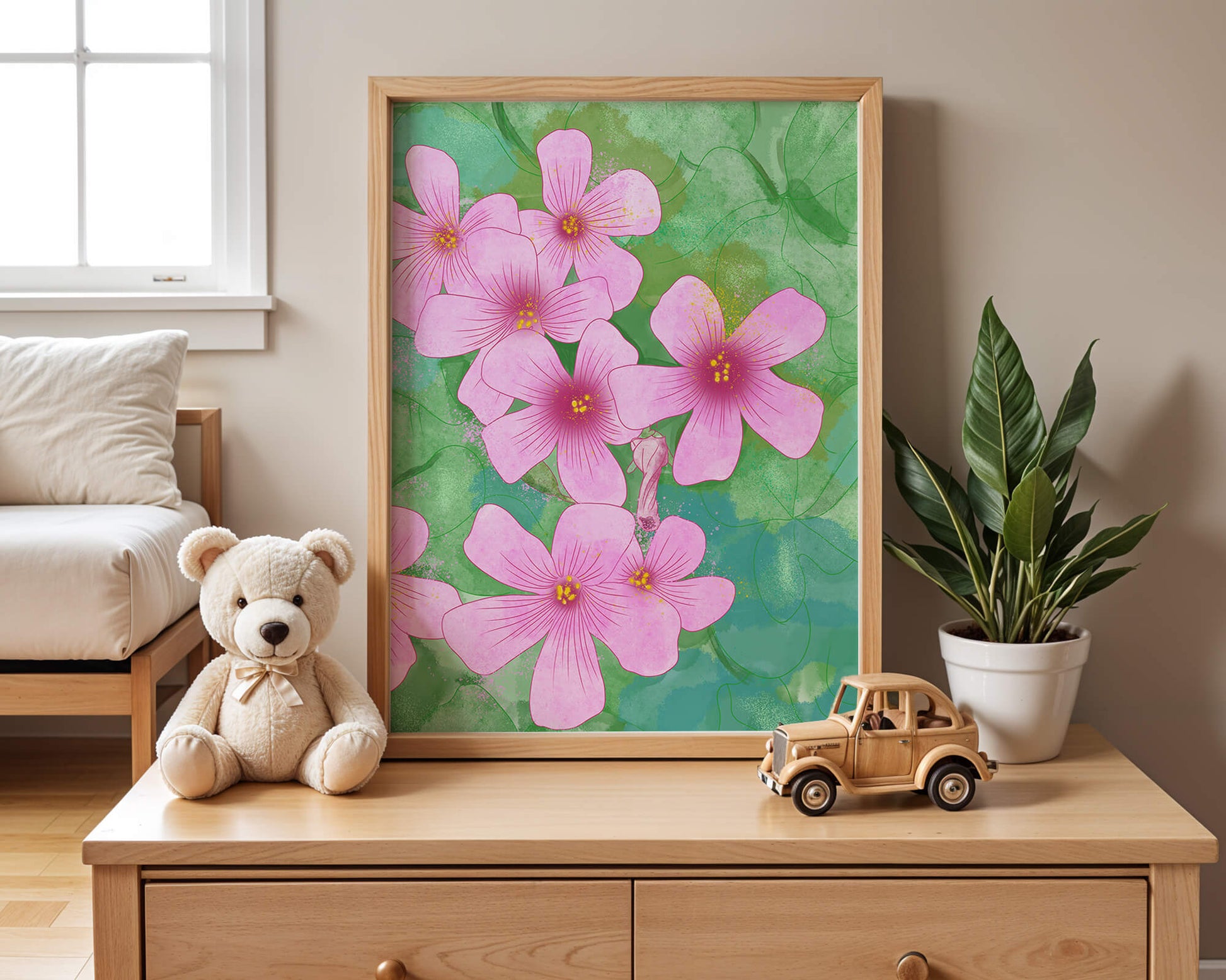 Zarte rosa Blüten auf einem leuchtend grünen Hintergrund Illustration