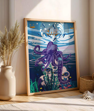 Colorful underwater scene with octopus and fishing boat above