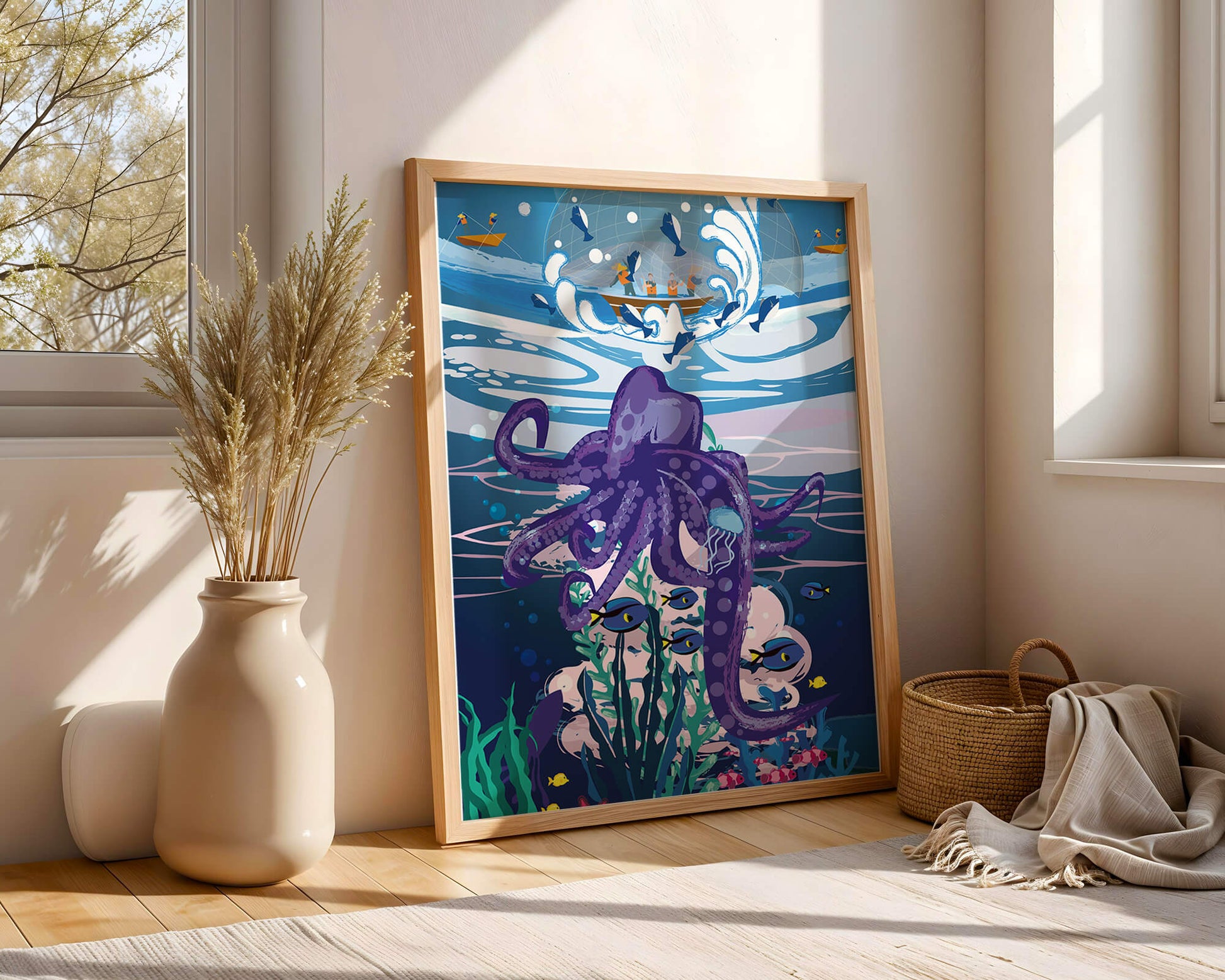 Colorful underwater scene with octopus and fishing boat above