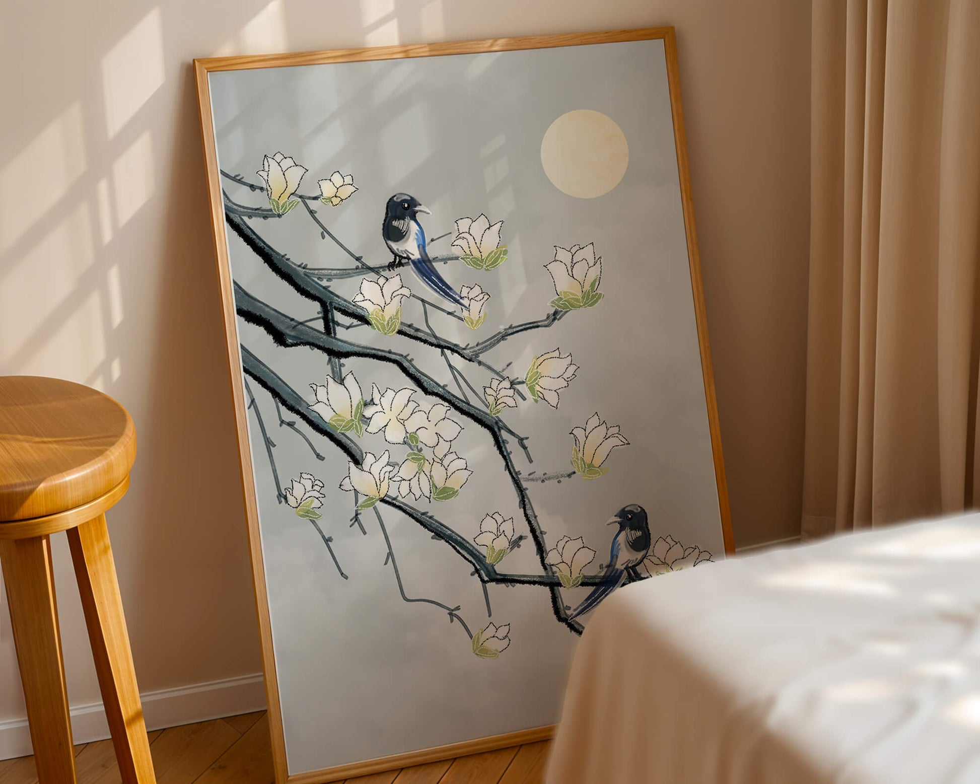 Birds on blossoming branches under a serene moonlit sky