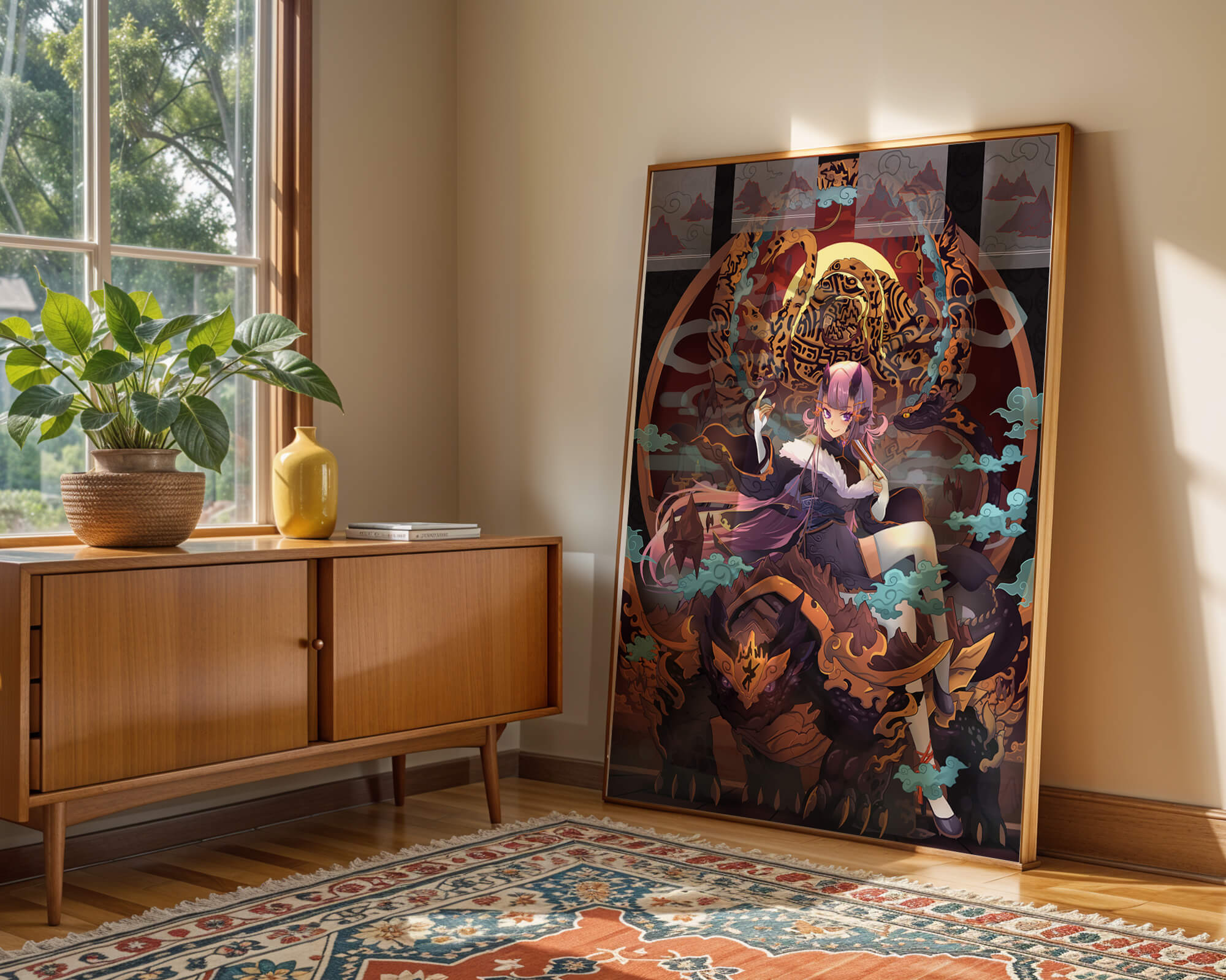 Fantasy character with mythical beast in vibrant illustration