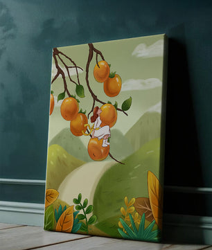 Femme assise sur un fruit orange dans un paysage surréaliste