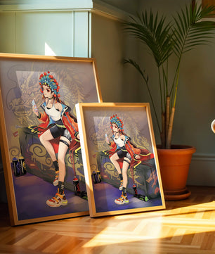 Anime art of a girl in traditional attire with urban elements