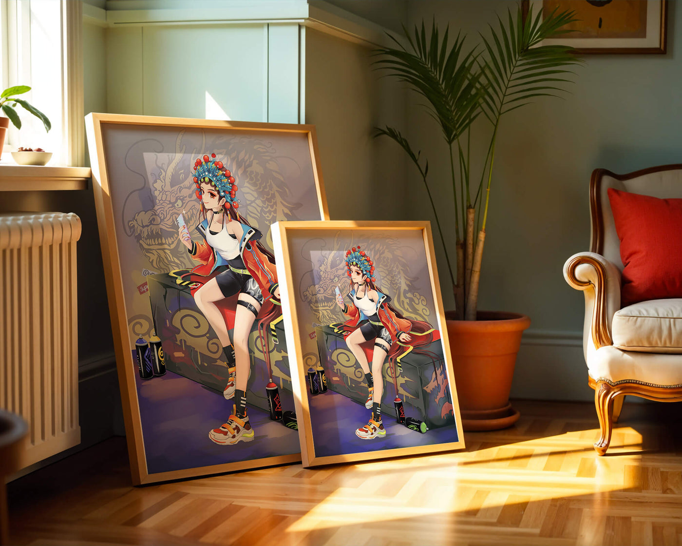 Anime art of a girl in traditional attire with urban elements