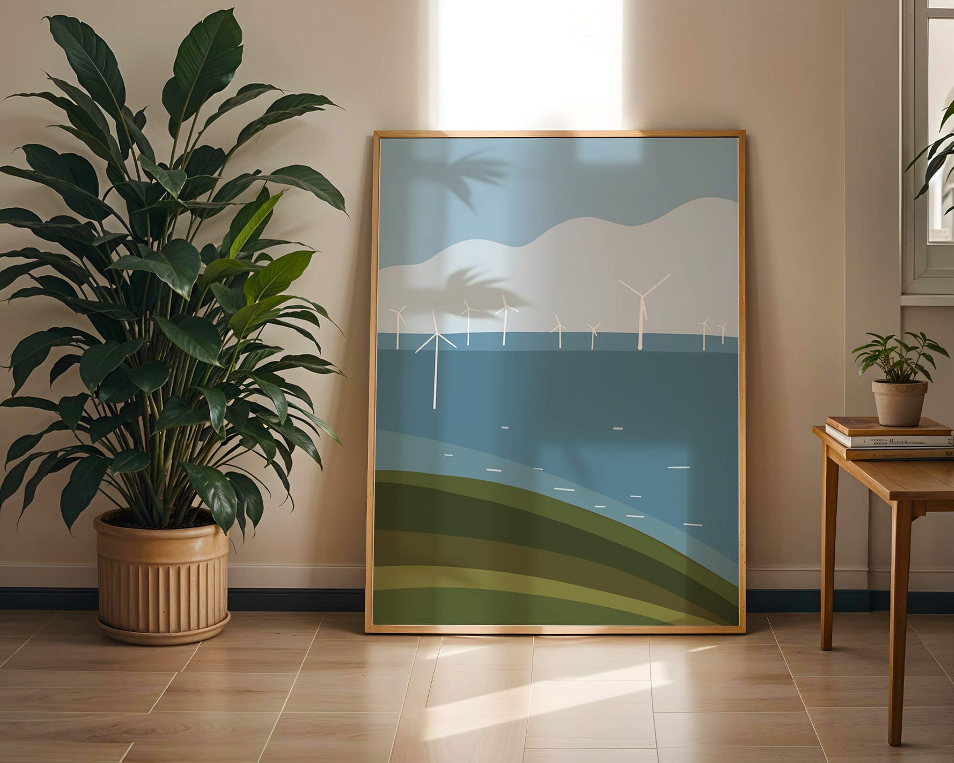 Wind Turbines on Rolling Hills Against a Clear Blue Sky