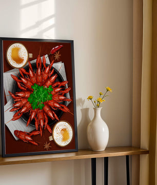 Gourmet-Meeresfrüchteplatte mit Flusskrebsen und Kaffeetassen