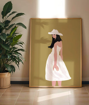 Woman in a white dress and hat on a gold background